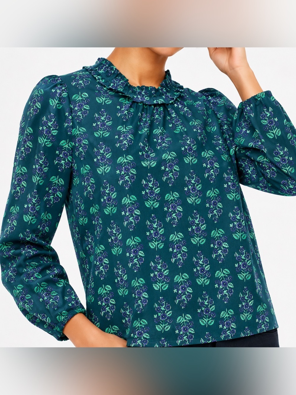 J Crew Factory green ruffle neck floral top, medium